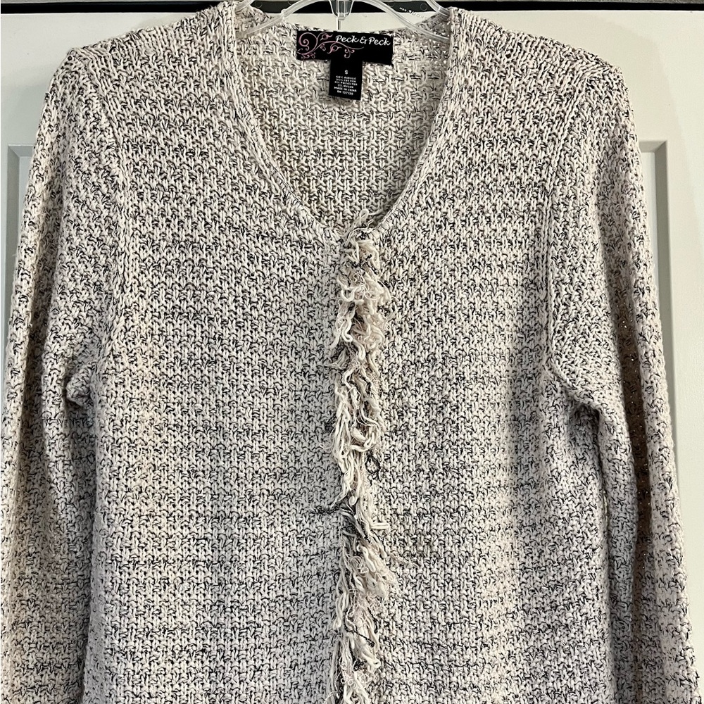 Peck & Peck Women’s Sweater Cardigan Fringe Trim Neutral Long Sleeve Small Knit - Picture 4 of 8
